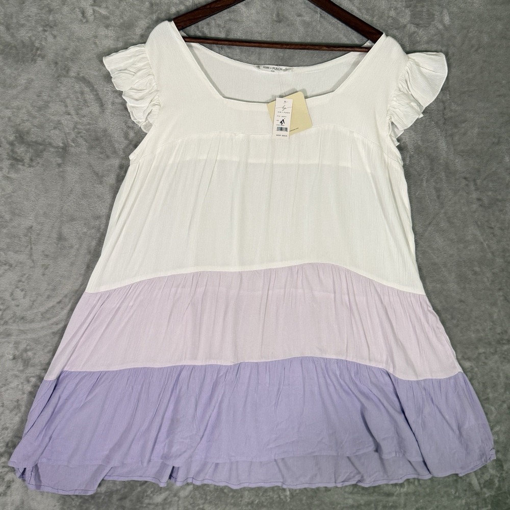 NWT Kiwi + Punch Tiered Mini Dress Women L White Purple Beach Casual